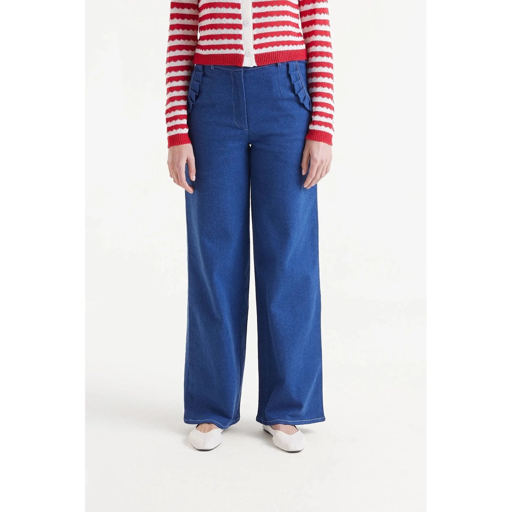 Anthro Compania Fantastica Ruffle Pocket Wide Leg Denim Pants Blue Cotton Size M